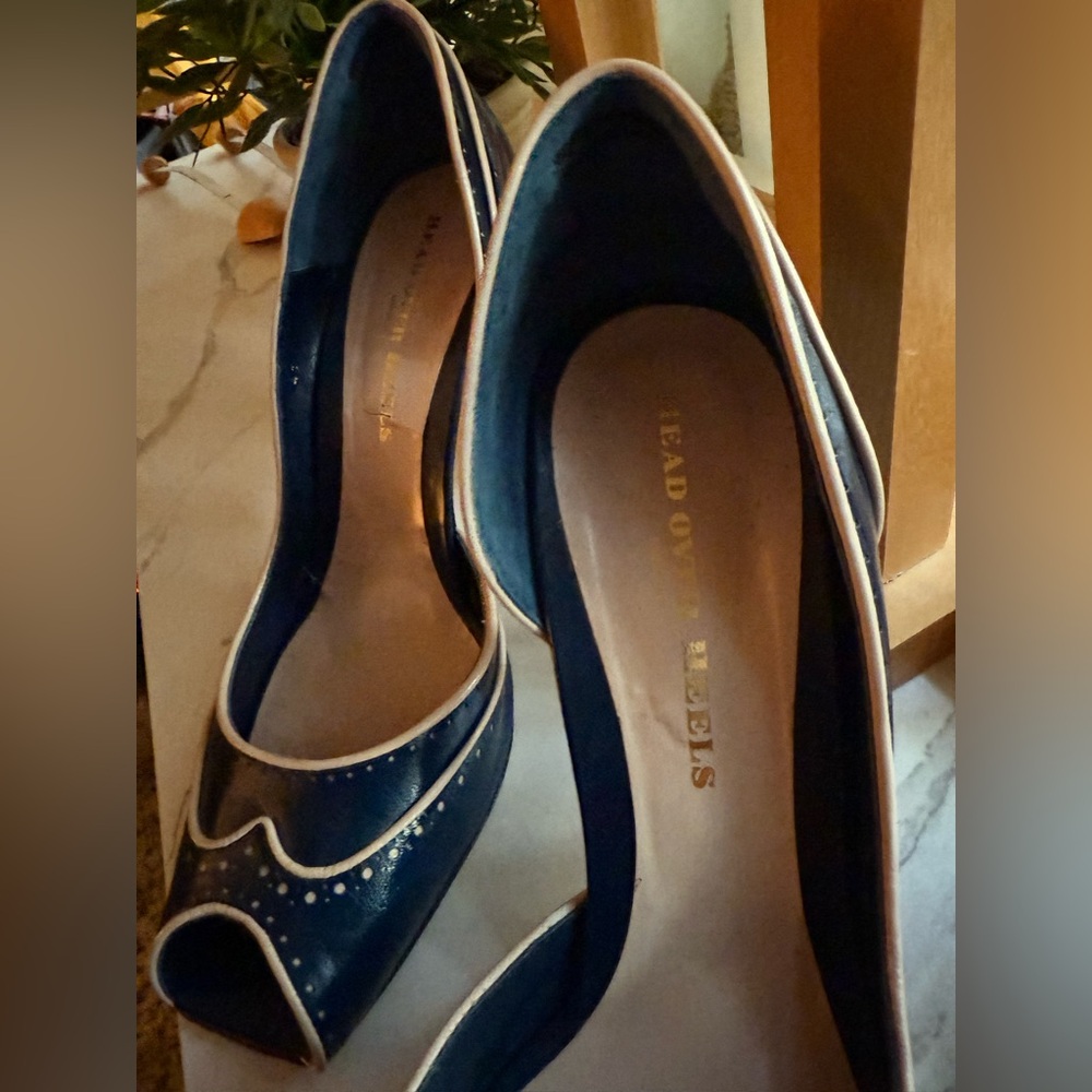 Head Over Heels London - Deep Blue Leather Wing-Tip, Squared Open Toe, D’Orsay - Picture 13 of 15